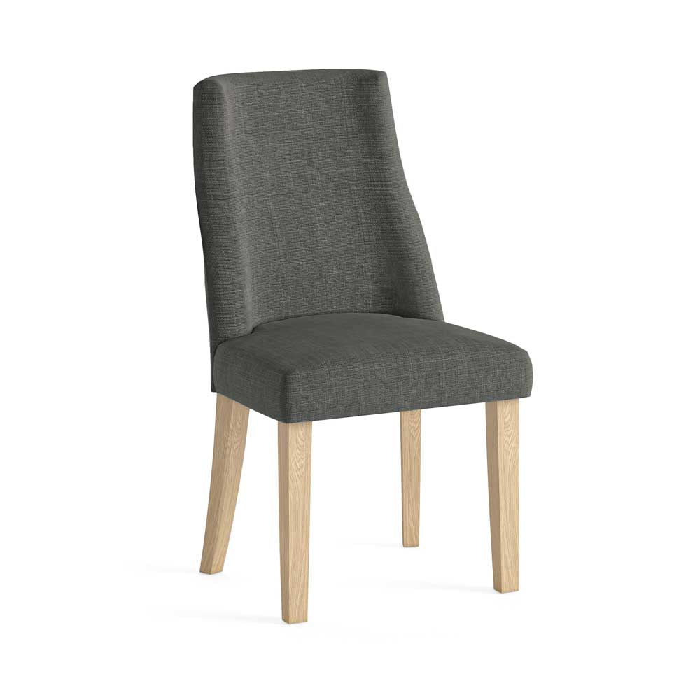 Charcoal grey upholstered chair with wooden legs on a white background