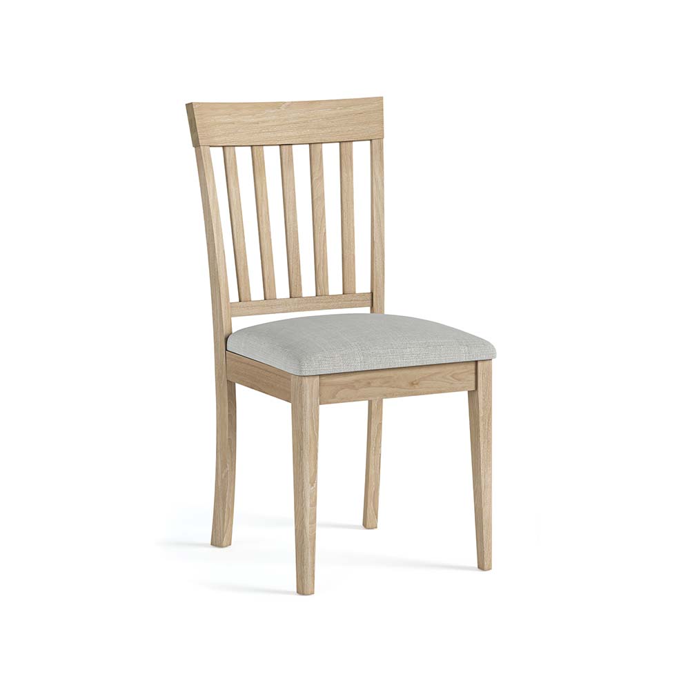 Oak dining chair with 4 tapered legs and a vertical slat design in the backrest. A grey cushion finishes the look.