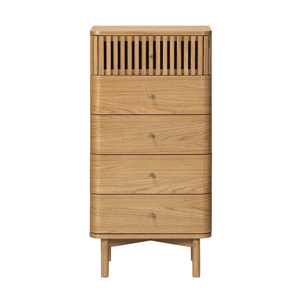 Wooden chest of drawers with slatted top on a white background
