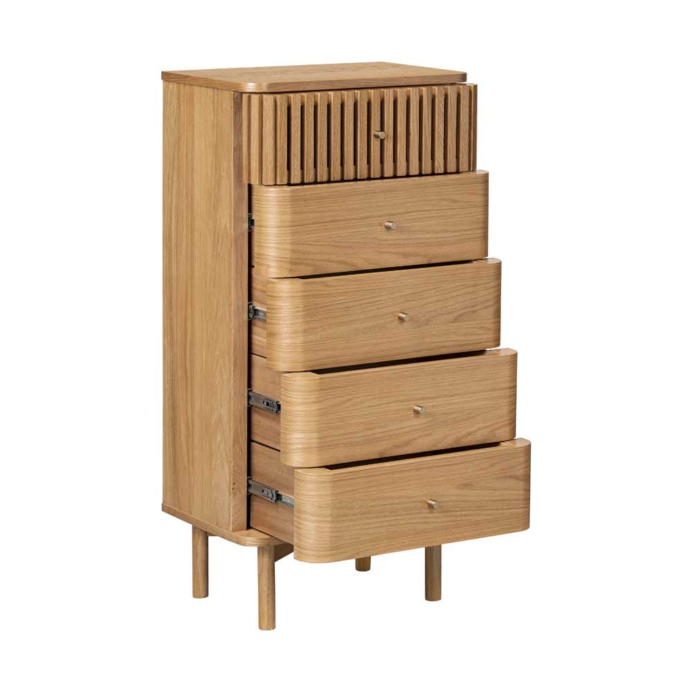Wooden dresser with multiple drawers on a white background