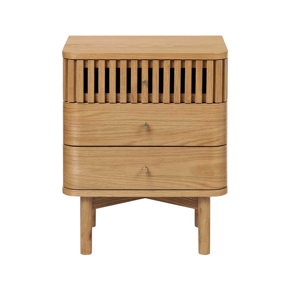 Wooden nightstand with three drawers on a white background