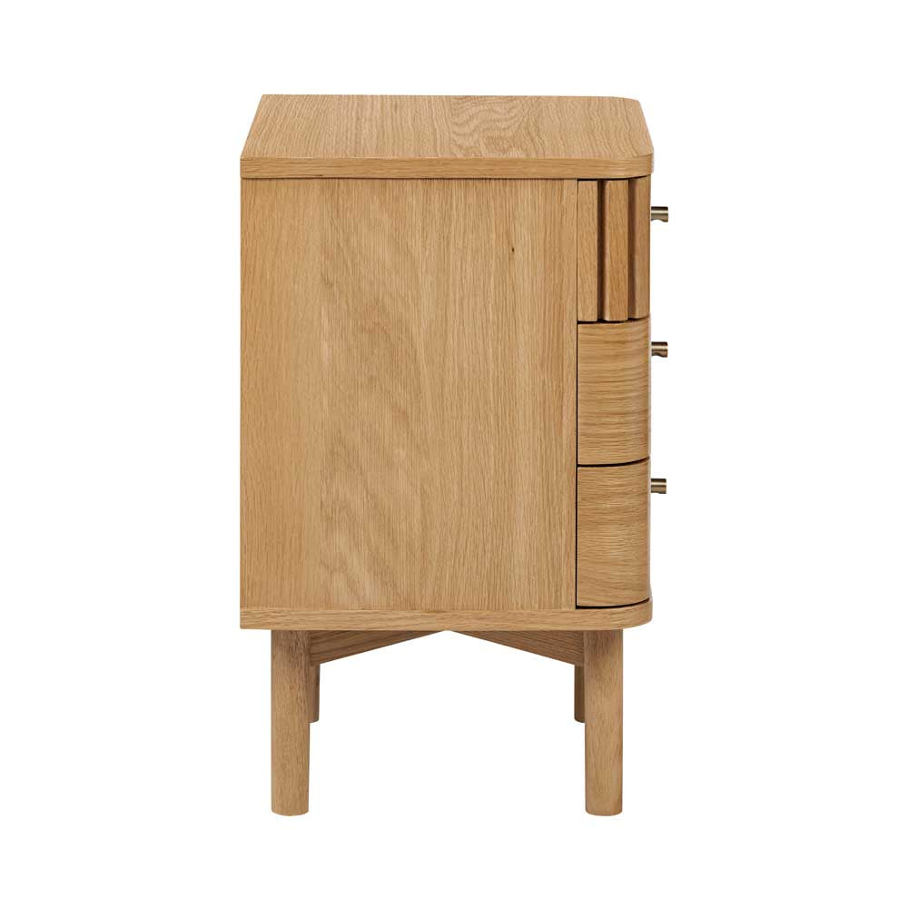 Wooden bedside table with three drawers on a white background