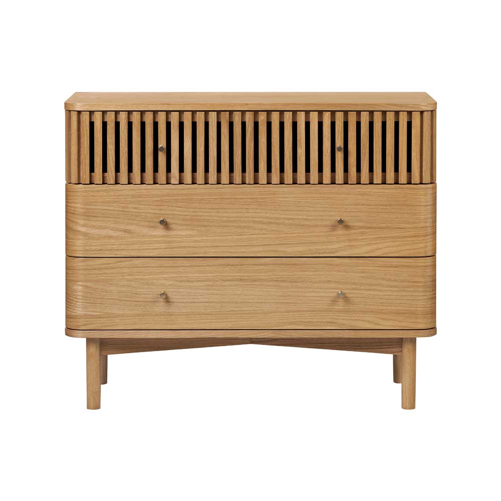 Wooden dresser with slatted top drawer on a white background