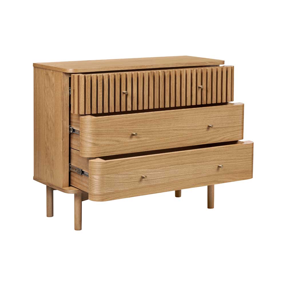Wooden dresser with three drawers on a white background
