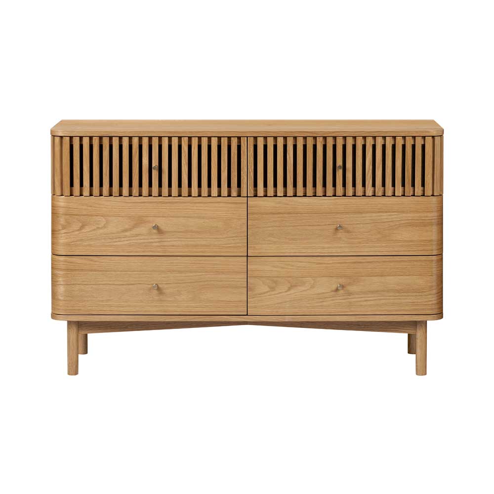 Wooden 6 drawer dresser with slatted design on a white background