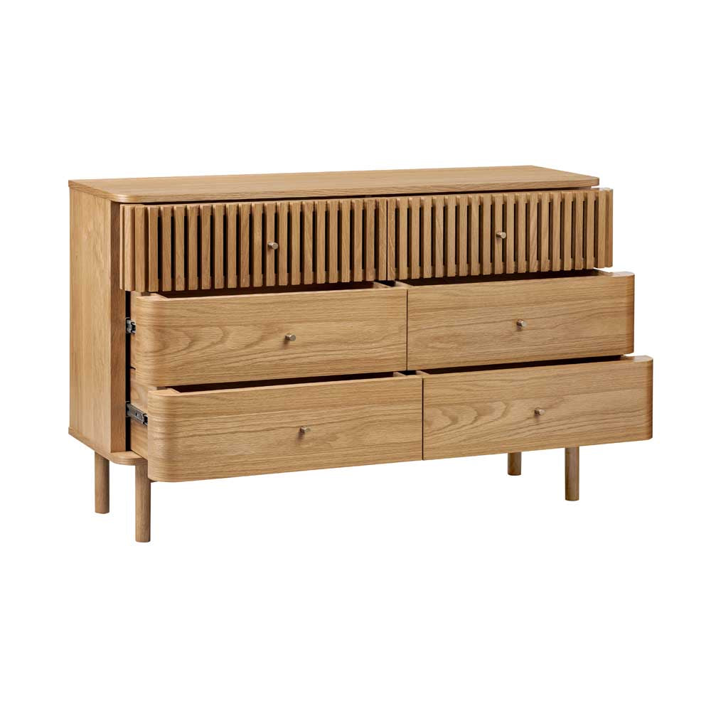 Wooden dresser with multiple drawers on a white background