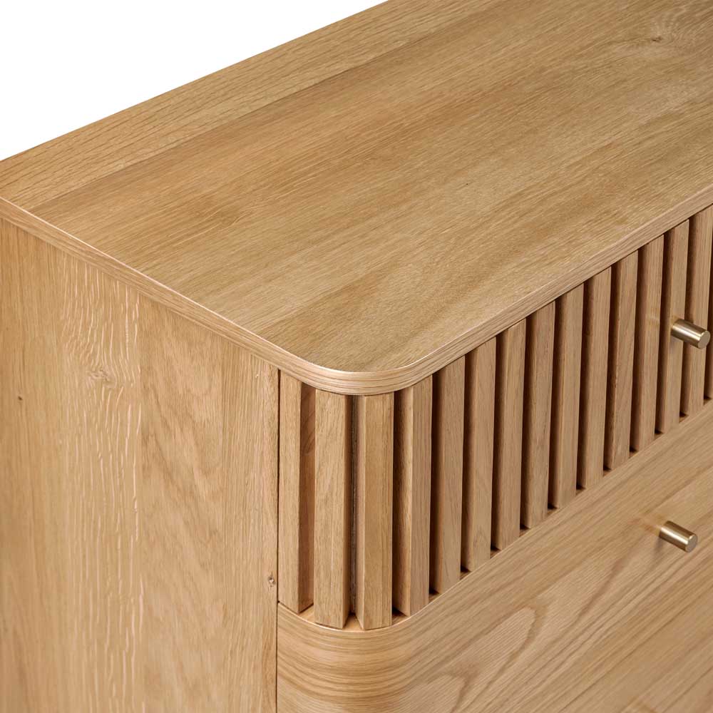 Wooden sideboard with slatted design on a white background