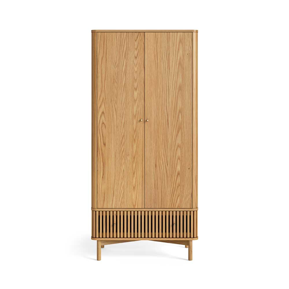 Wooden wardrobe with slatted lower section on a white background