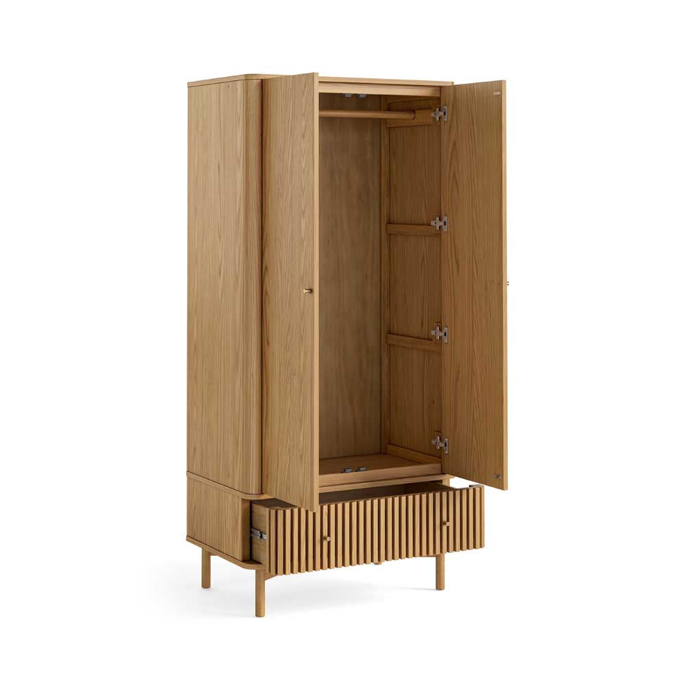 Wooden wardrobe with open doors on a white background