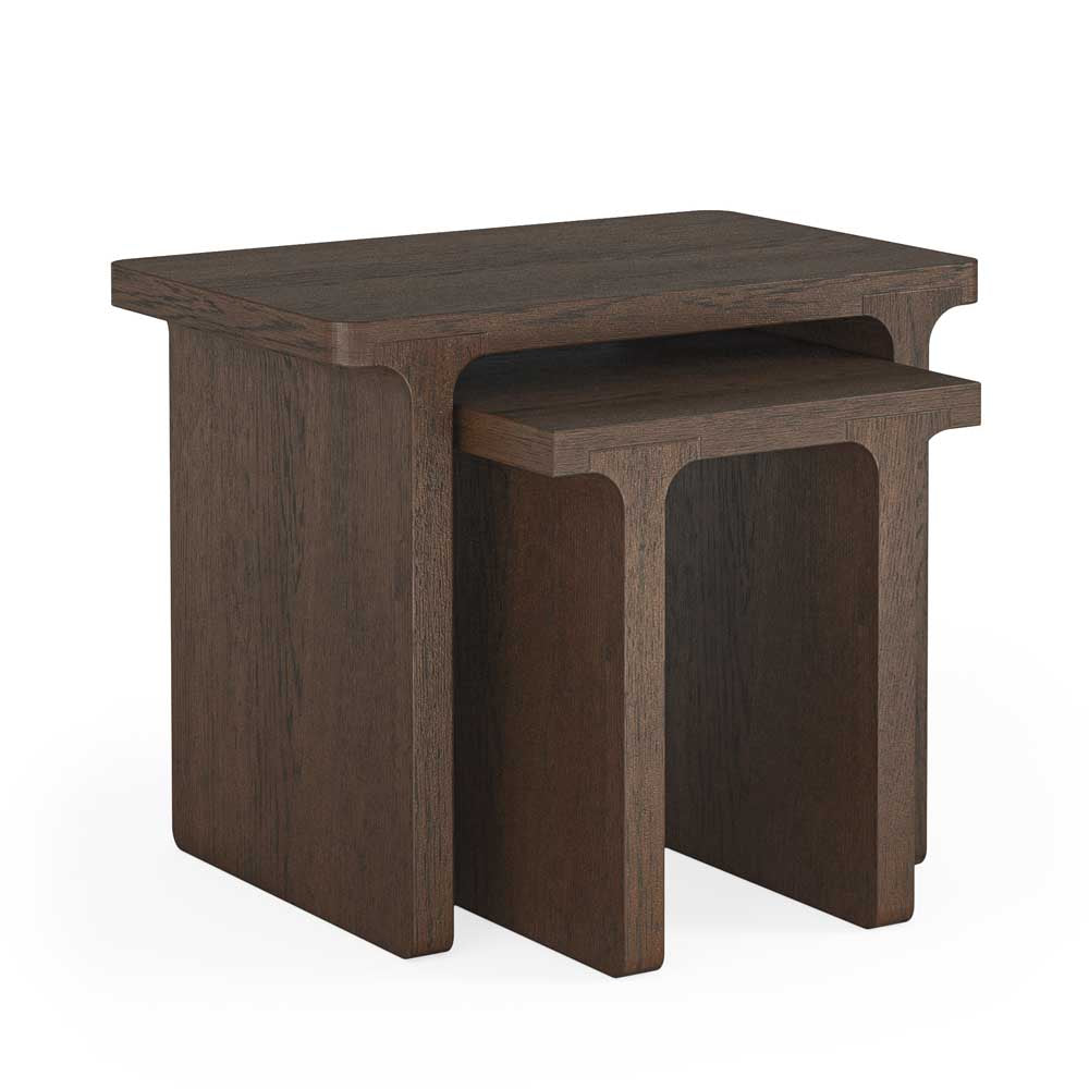 Nest of two rectangular oak sandblasted tables. 