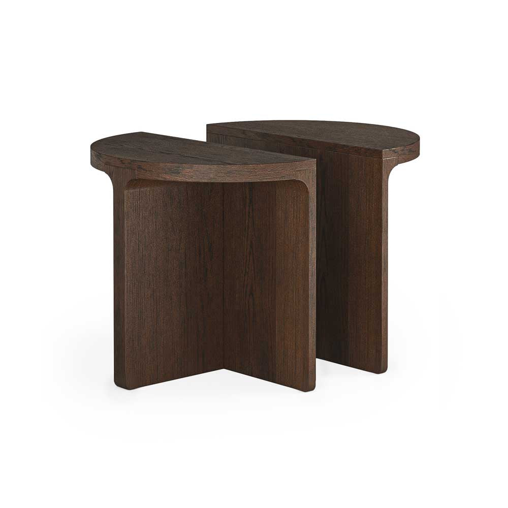 Two dark wooden semi-circular tables on a white background