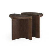 Two dark wooden semi-circular tables on a white background