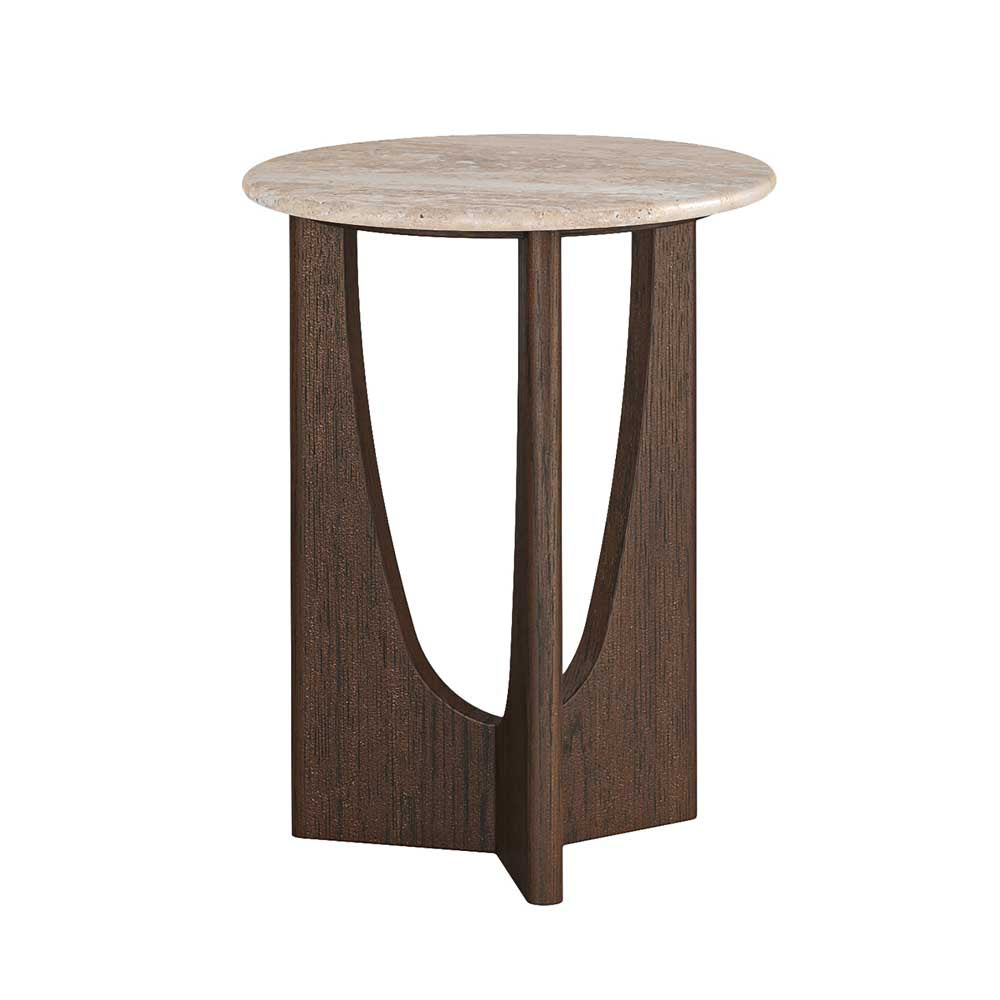 A modern side table featuring a round travertine top and a dark brown wood base with an open, sculptural design, shown on a plain white background.