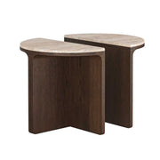 Two wooden side tables with travertine tops on a white background