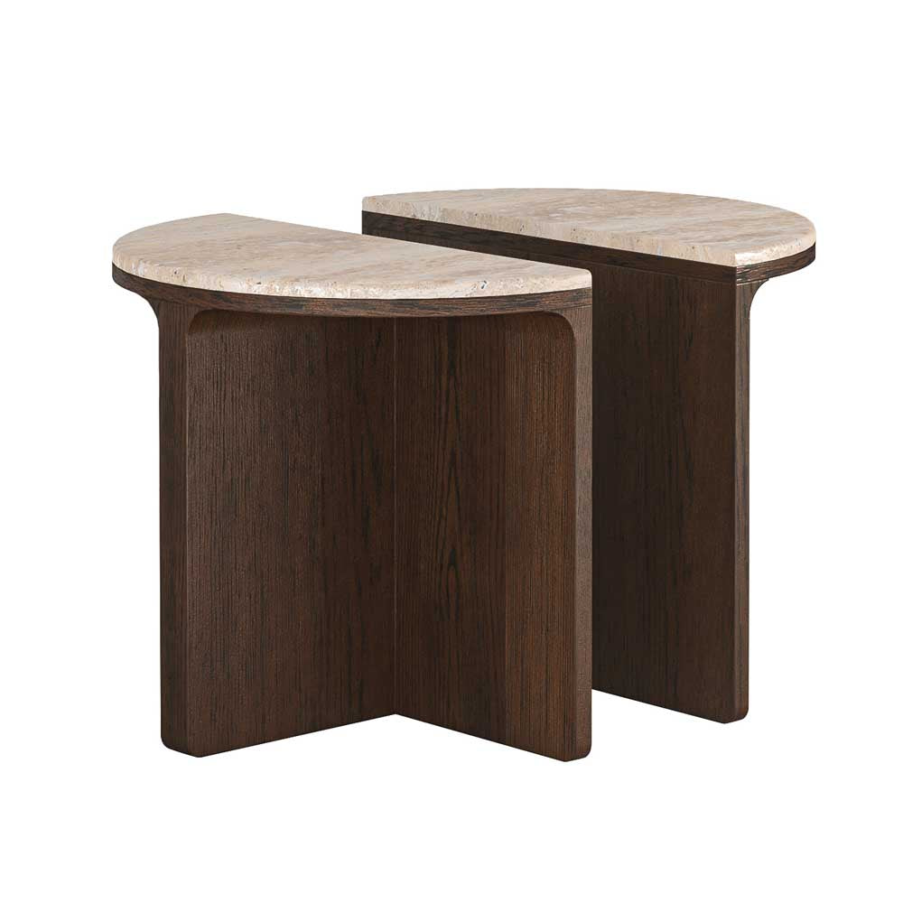 Two wooden side tables with travertine tops on a white background