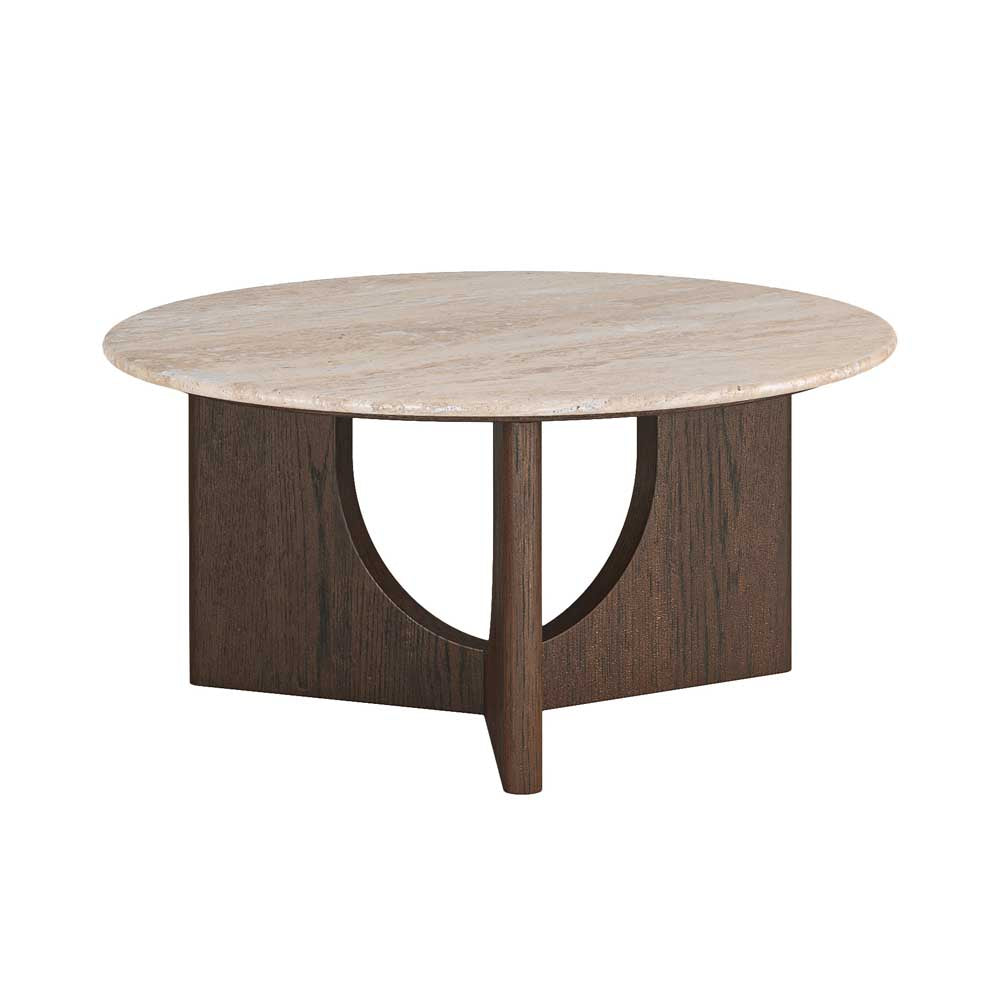 Round wooden table with a travertine top on a white background