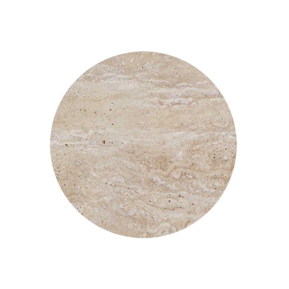 A circular swatch of beige travertine stone texture with natural white veining and small dark speckles, centered on a plain white background.