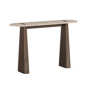 Wooden console table with travertine top on a white background