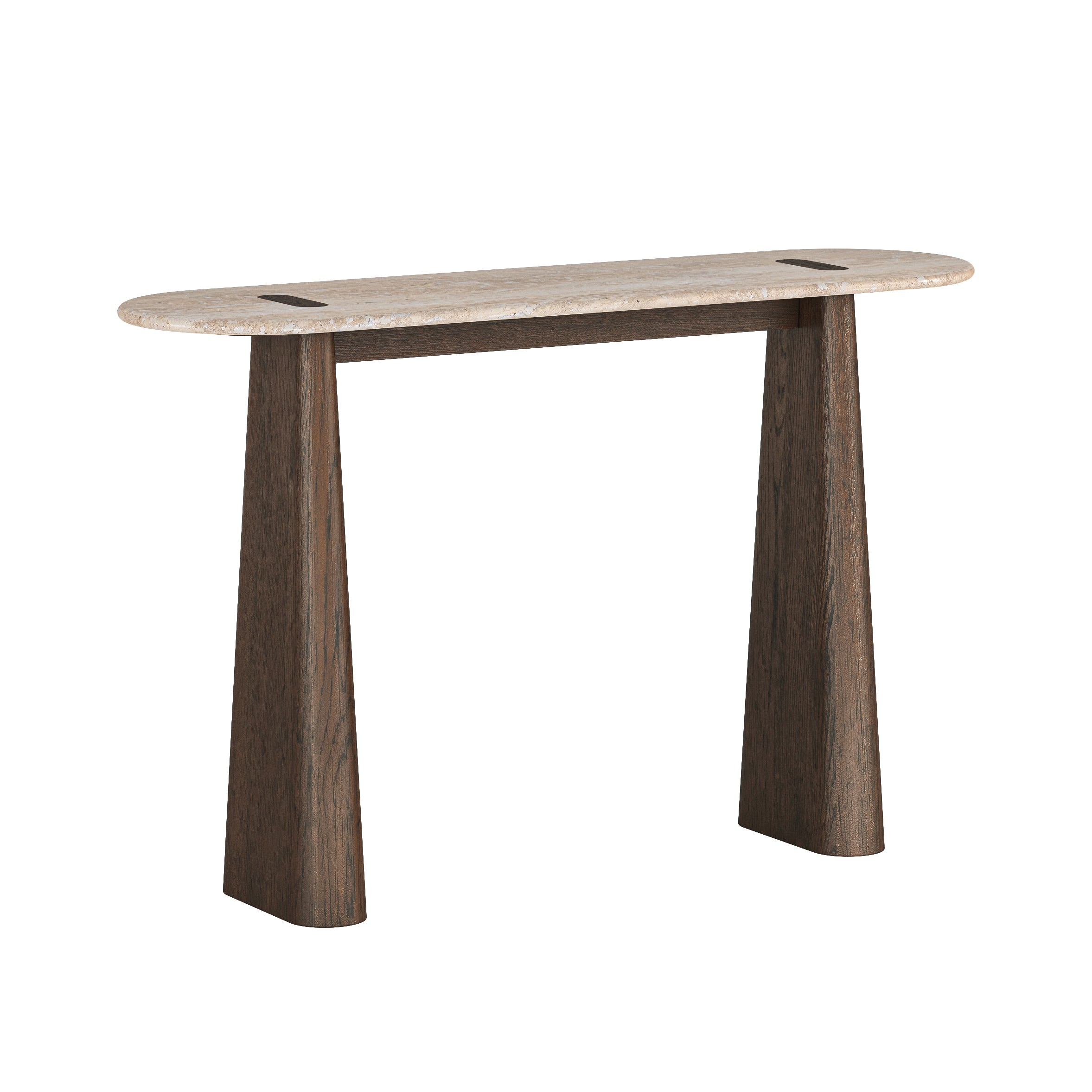 Wooden console table with travertine top on a white background