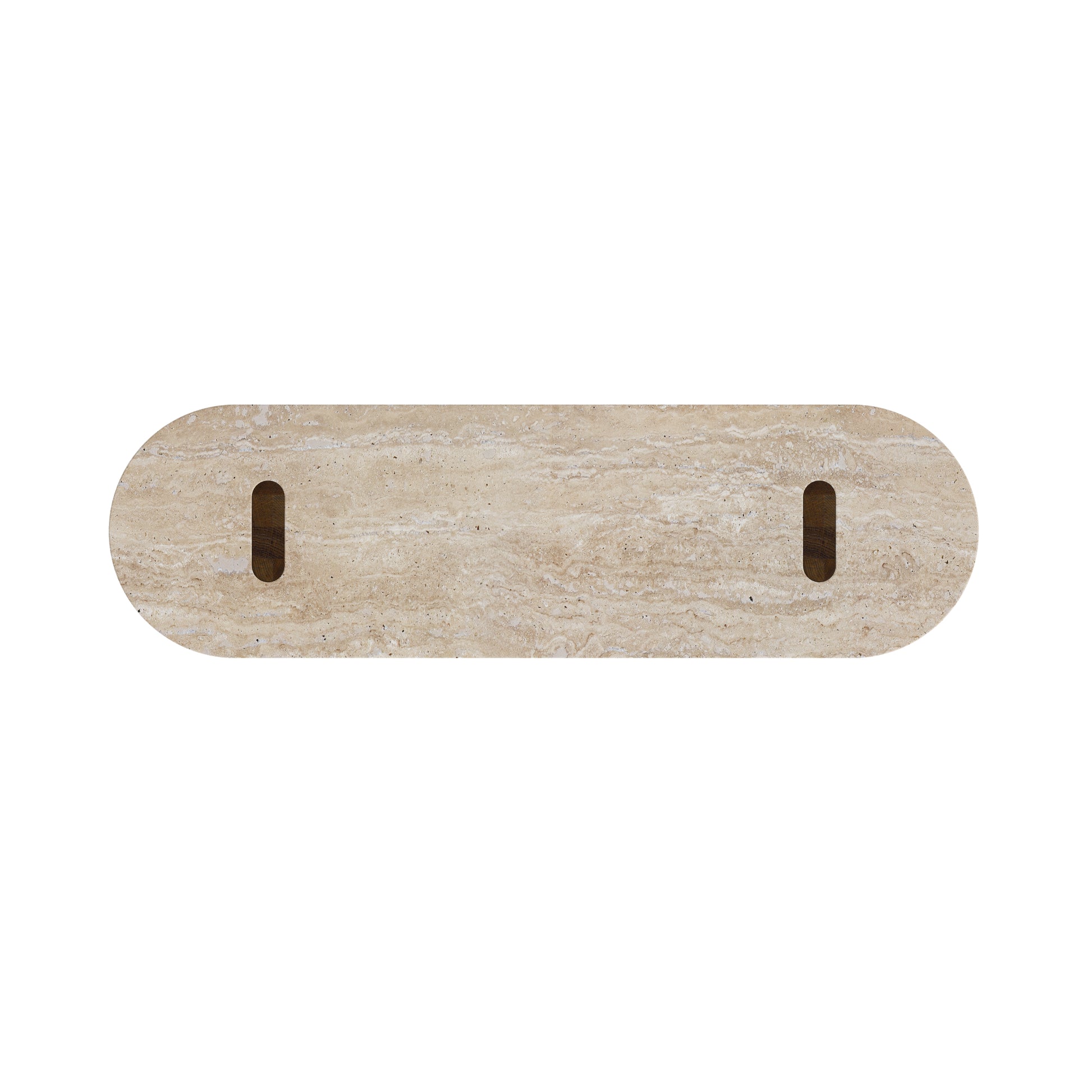 A rectangular travertine stone console tabletop. View from above