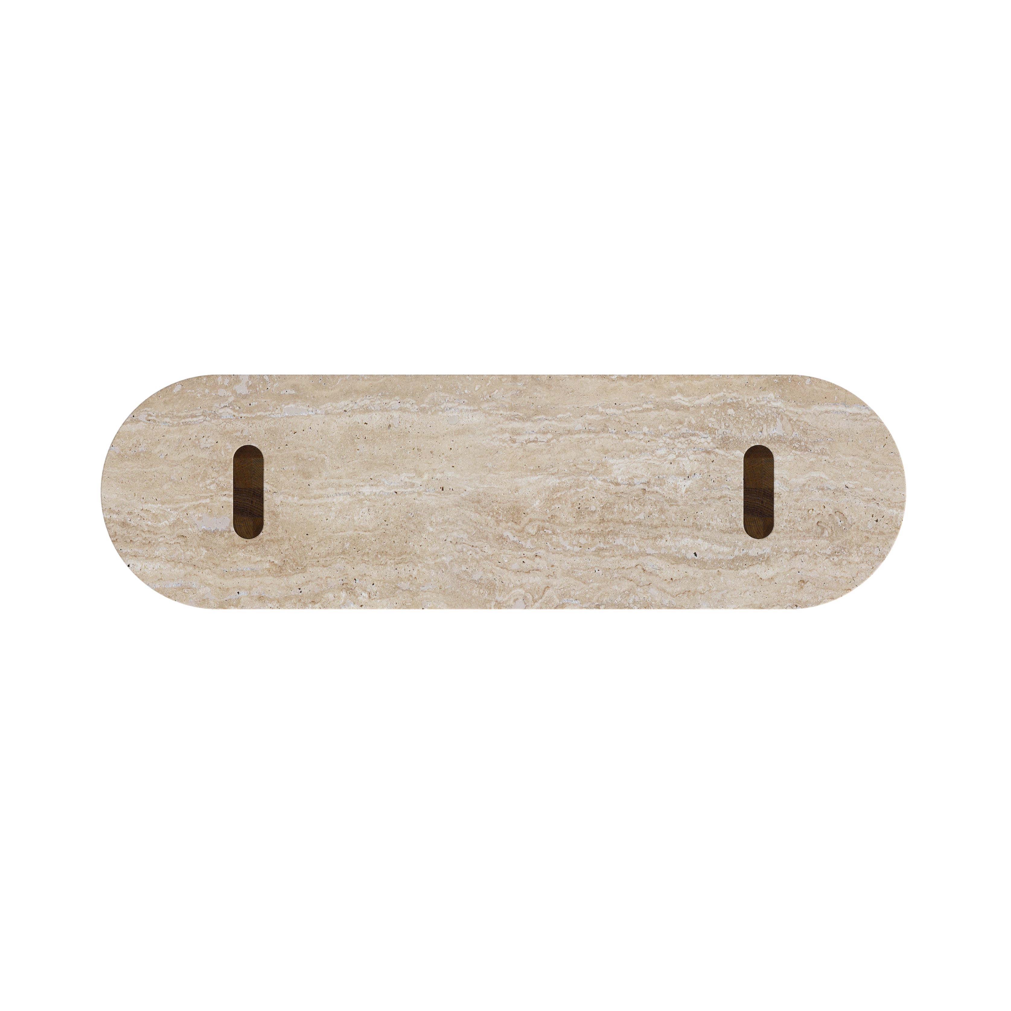 A rectangular travertine stone console tabletop. View from above