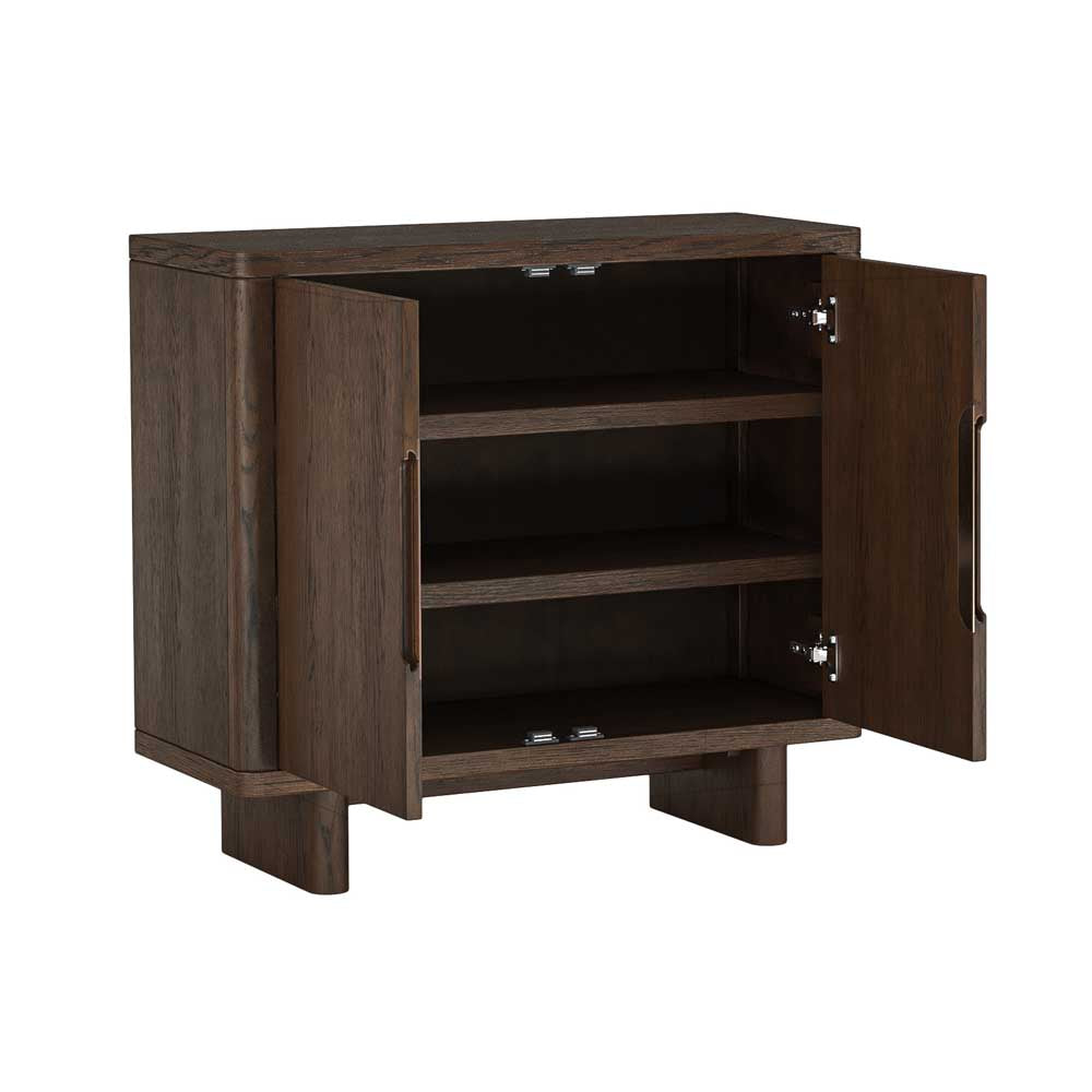 A dark brown wooden side cabinet with two doors swung open to show three interior shelves, photographed on a plain white background.