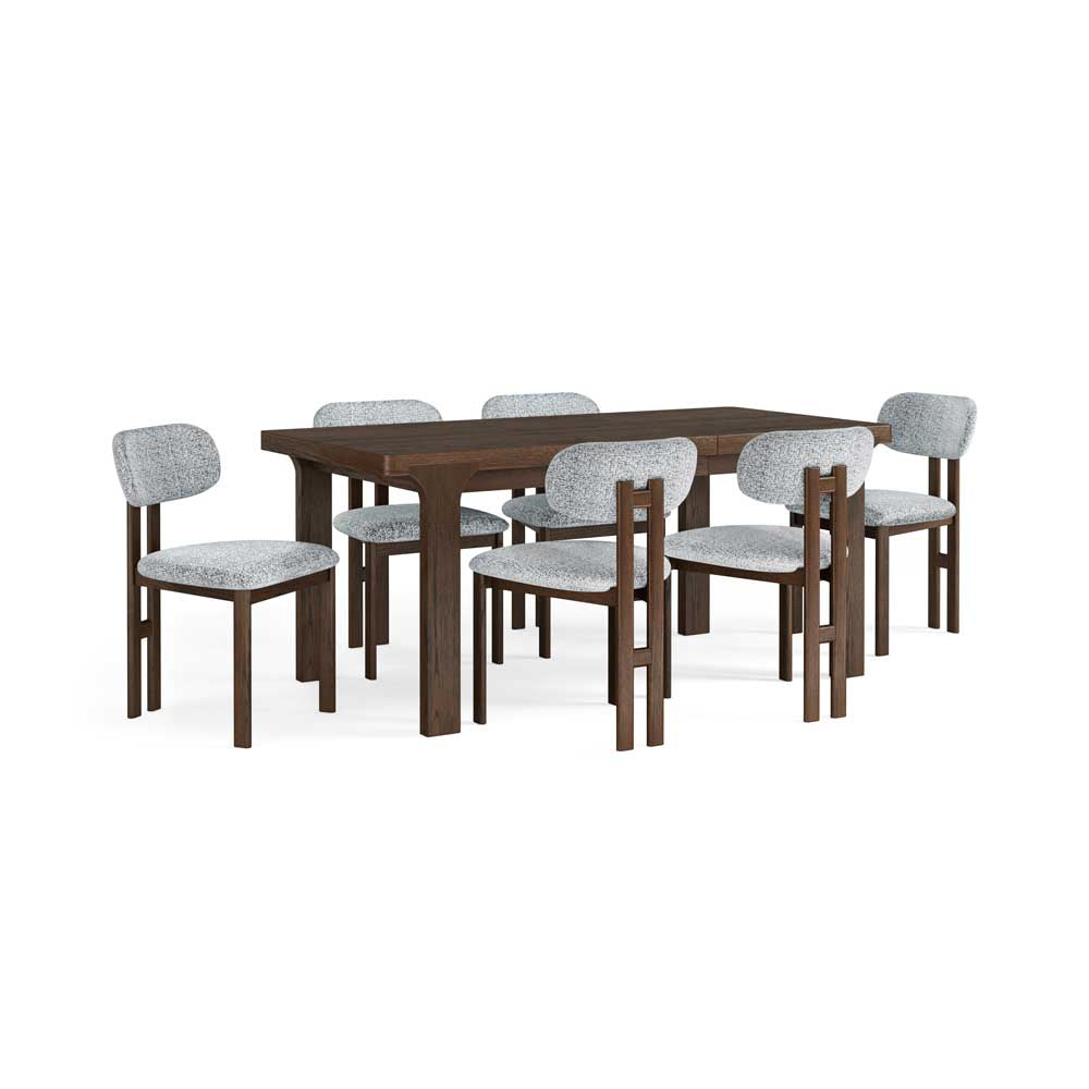 A 7-piece dining set featuring a rectangular dark brown wooden table and six matching chairs with light gray textured fabric seats and backs, shown on a solid white background.
