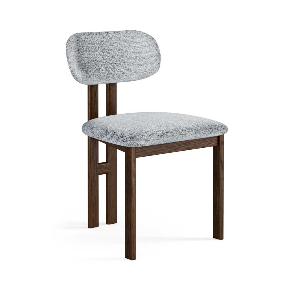 Chair with gray cushioned seat and backrest on a white background