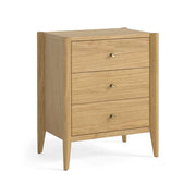 Natural Oak bedside table / bedside locker with three drawers on a white background