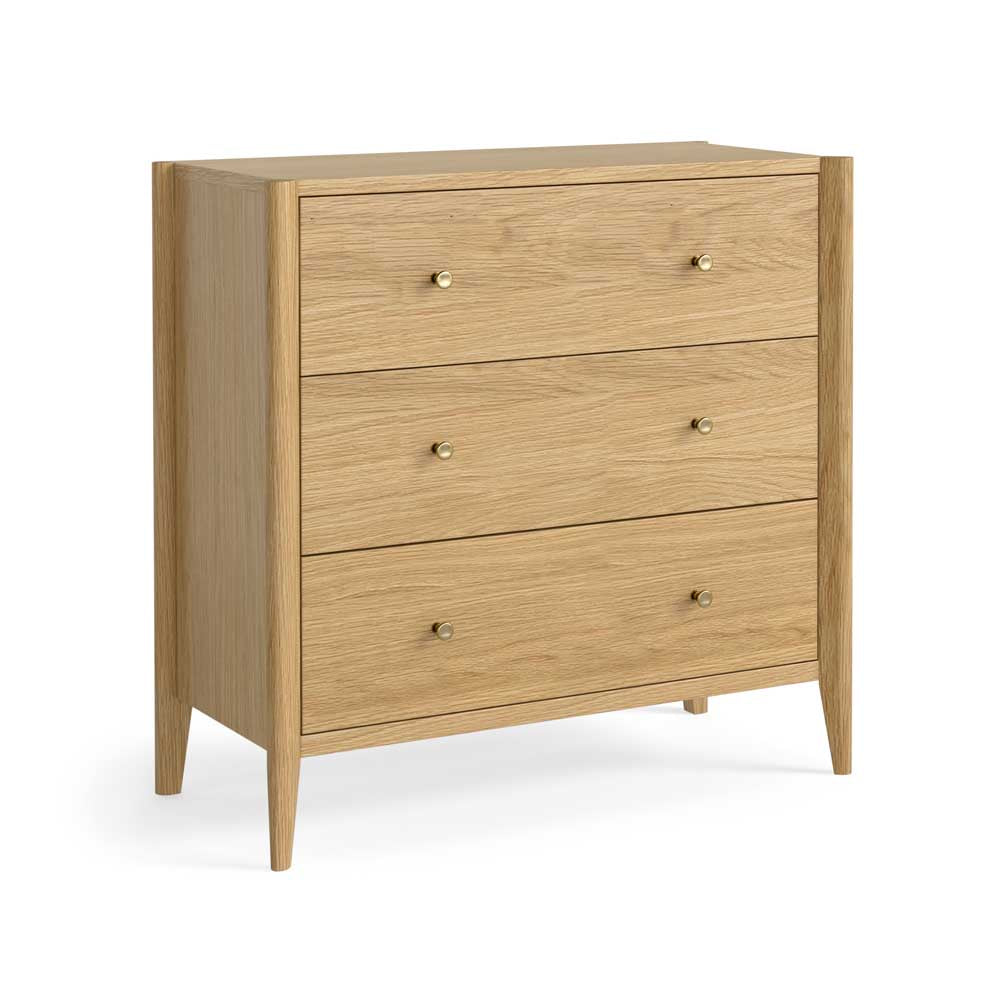 A three-drawer wooden chest of drawers with a light oak finish and small round brass knobs, shown on a plain white background.