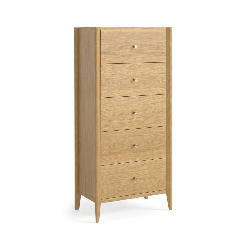 A tall wooden chest of drawers with five drawers, featuring a light oak finish and small round metallic knobs, shown on a plain white background.