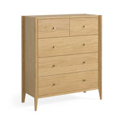 5 Drawer Natural Oak Wooden dresser in a 2 over 3 configuration, on a white background