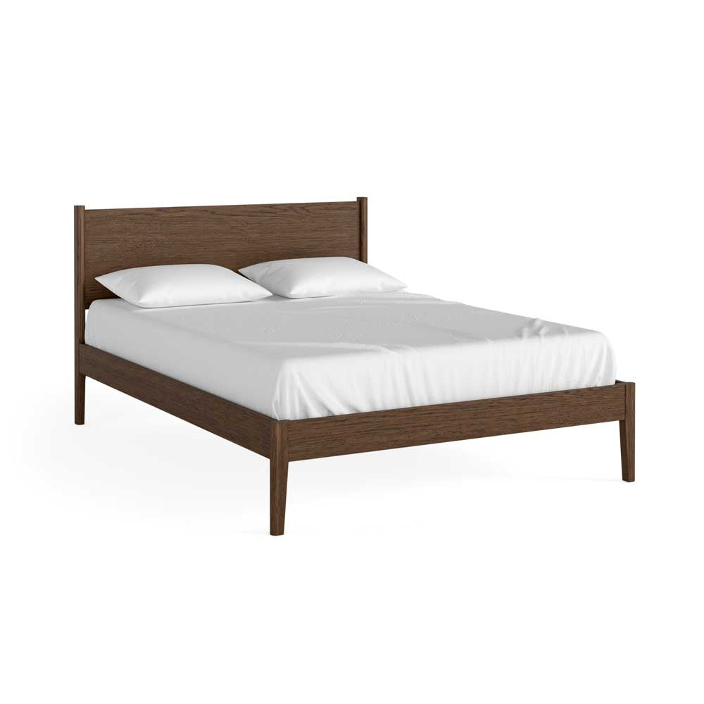 Brown Oak bed frame with white mattress on a white background