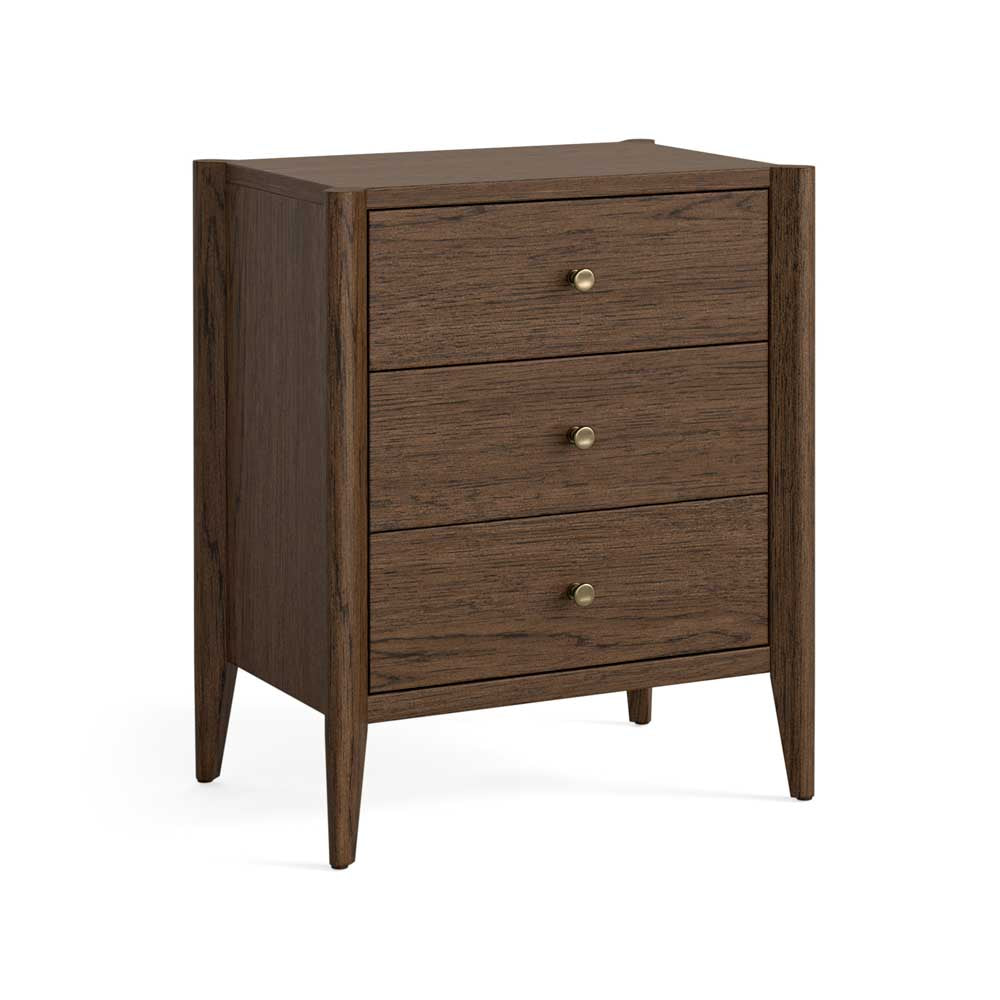 Brown Oak bedside table / bedside locker with three drawers on a white background