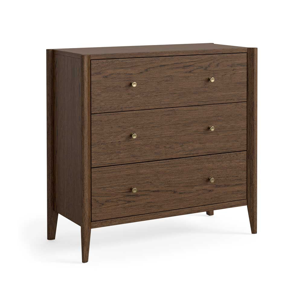 A three-drawer wooden chest of drawers with a brown oak finish and small round brass knobs, shown on a plain white background.