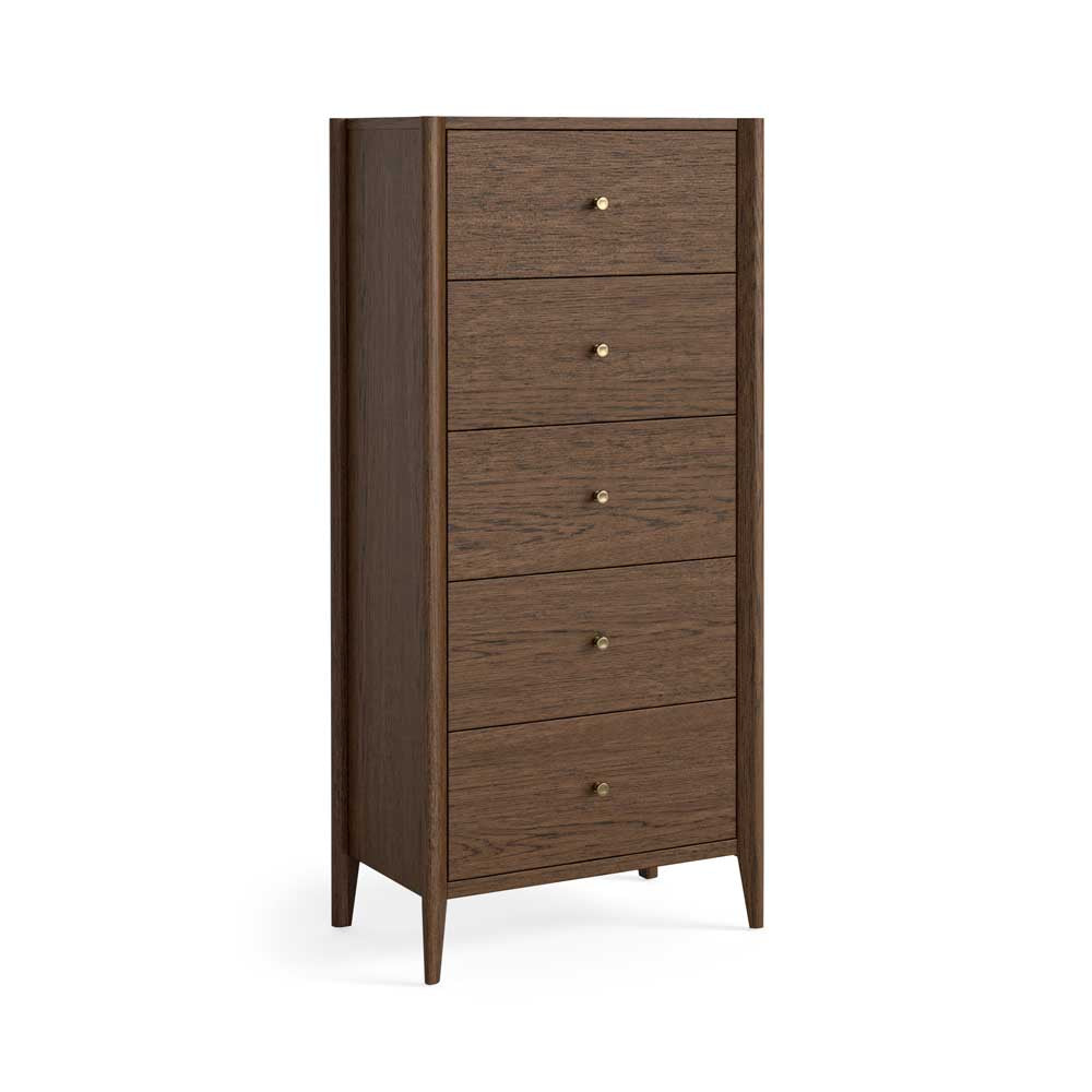 A tall wooden chest of drawers with five drawers, featuring a brown oak finish and small round metallic knobs, shown on a plain white background.