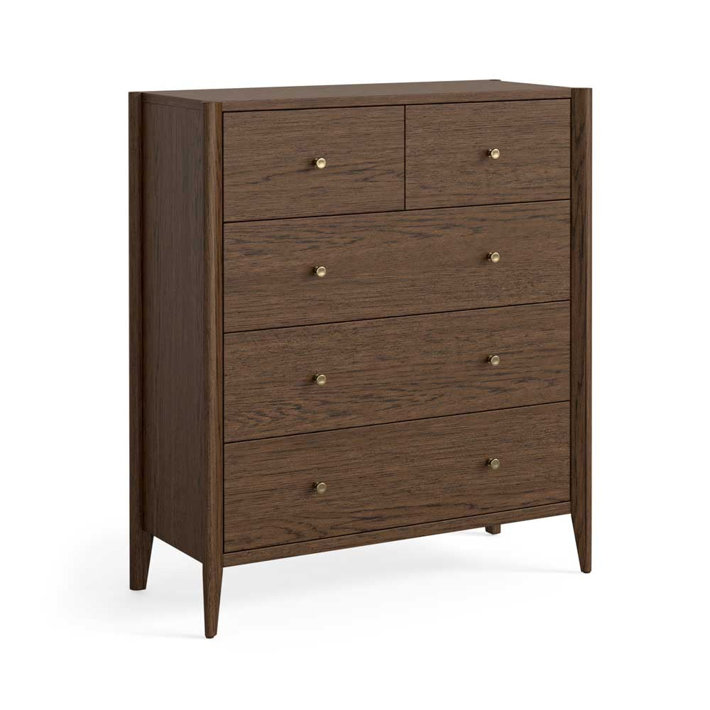 5 Drawer Brown Oak Wooden dresser in a 2 over 3 configuration, on a white background