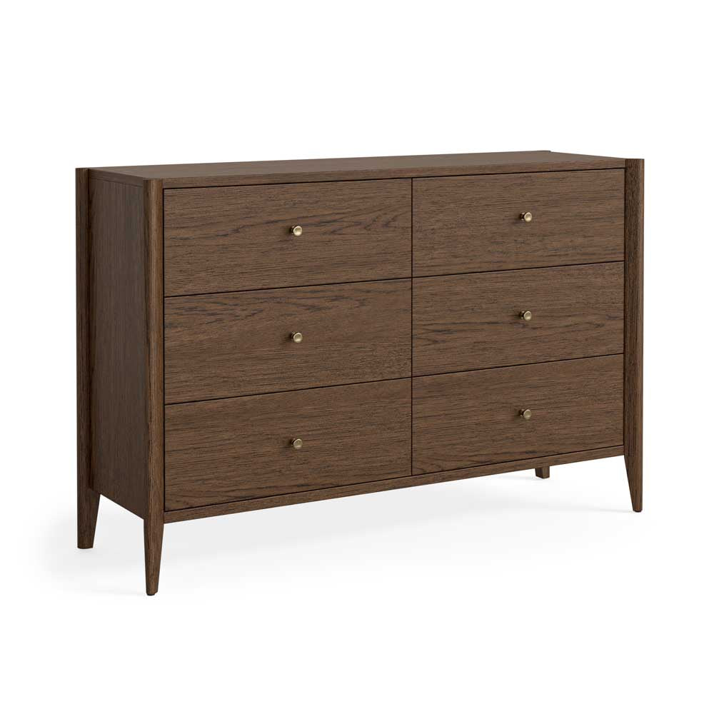 Borwn Oak Wooden dresser with six drawers on a white background