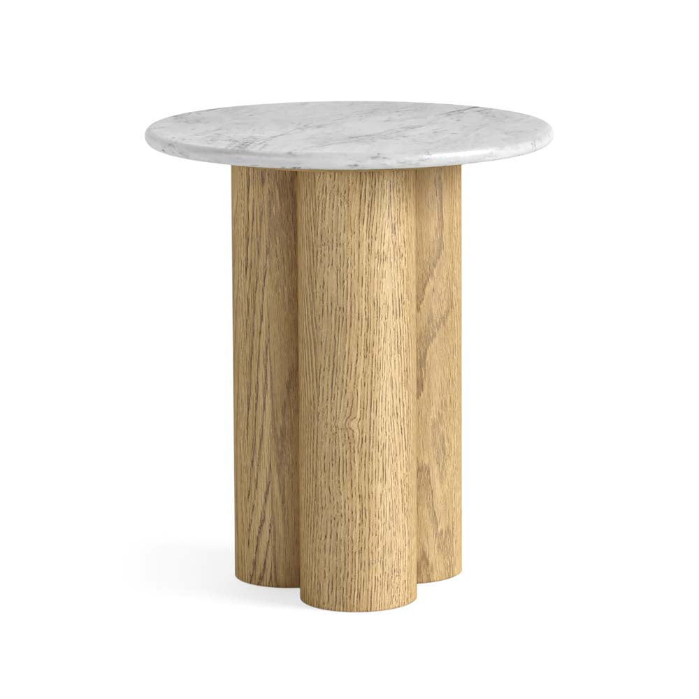 Round table with marble top and wooden base on a white background