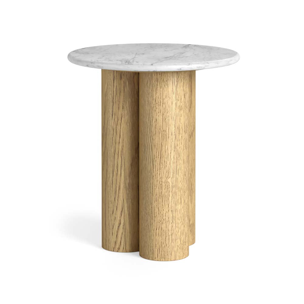 Round table with marble top and wooden legs on a white background