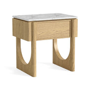 Wooden side table with marble top on a white background