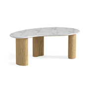 Coffee table with marble top and wooden legs on a white background