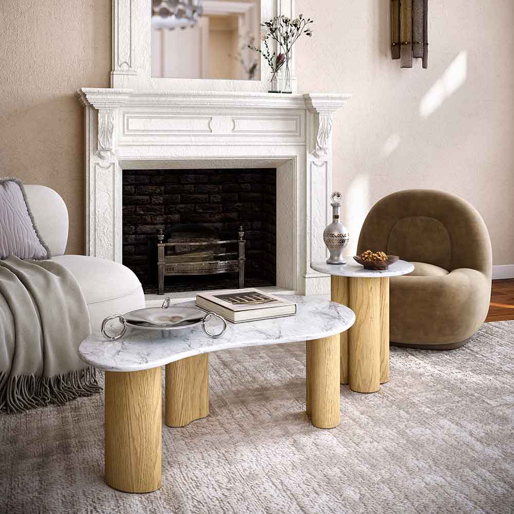 Living room with marble tear drop shaped coffee table, armchair, and fireplace.