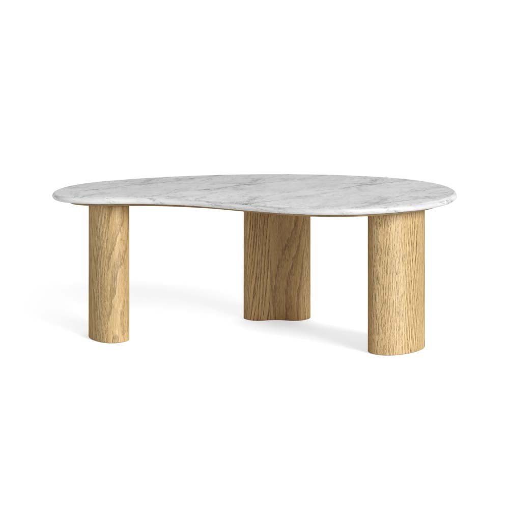 Coffee table with marble top and wooden legs on a white background