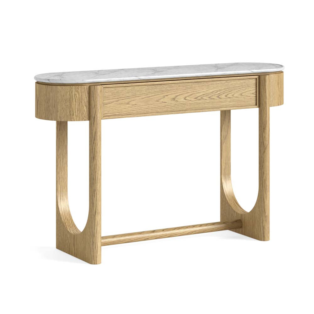 Wooden console table with marble top  and handleless drawer on a white background