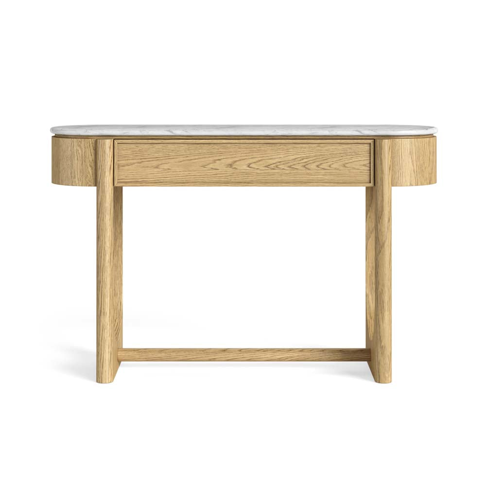 Wooden console table with marble top on a white background
