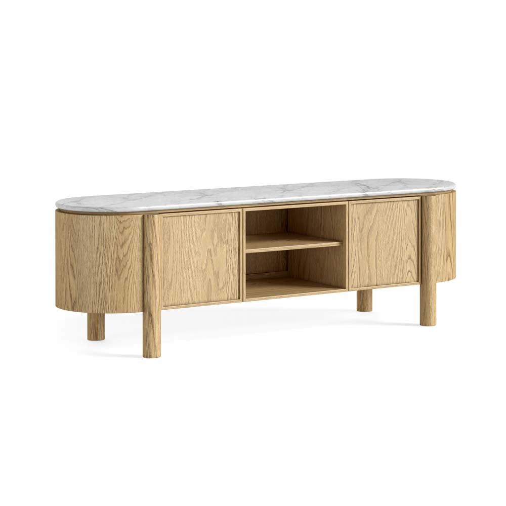 A modern wooden TV stand with a light oak finish, featuring a white marble top, two open center shelves, and a cabinet door on each end, shown on a white background.
