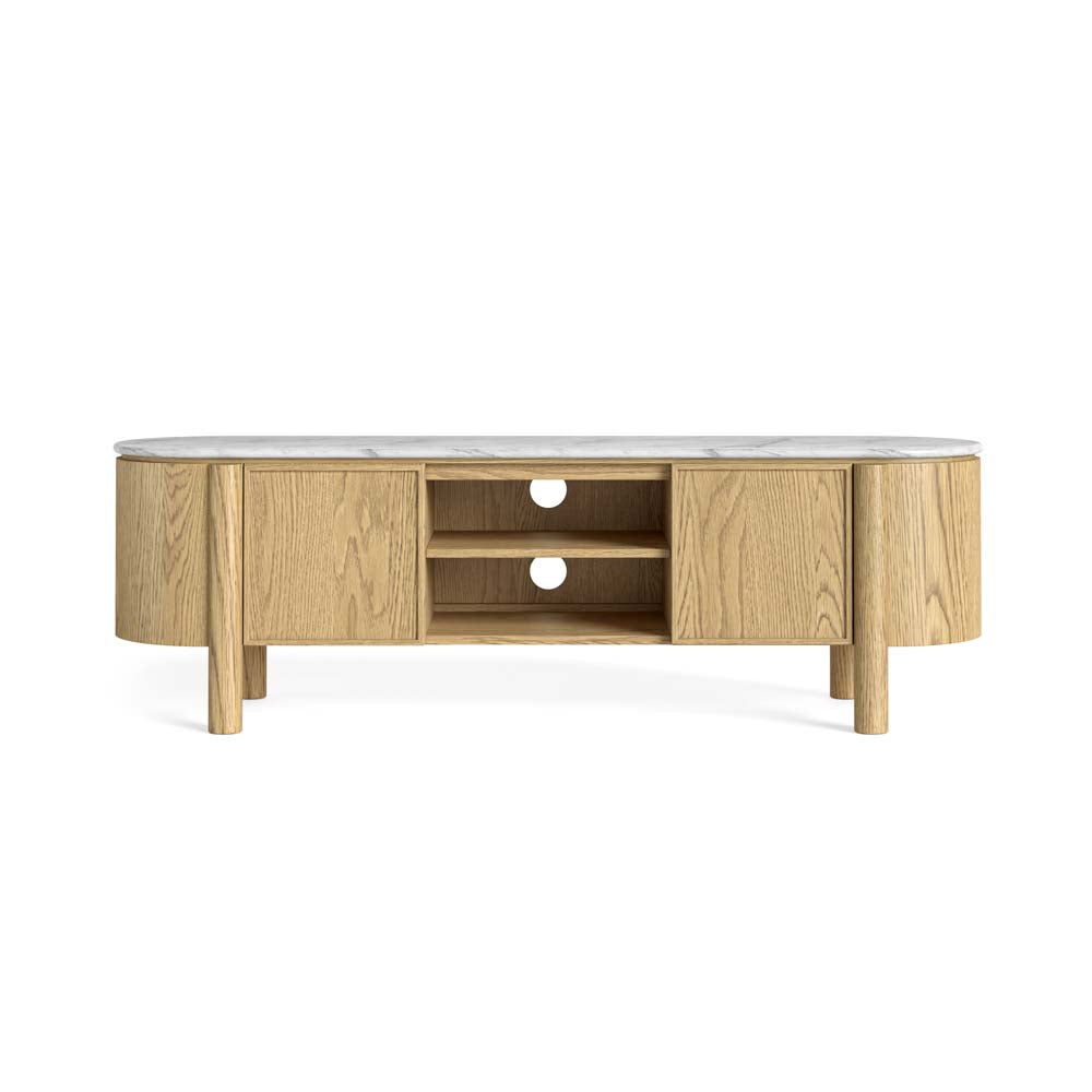 Wooden TV stand with a white marble countertop, enclosed cupboards and two open center shelves with cable cut outs on a white background