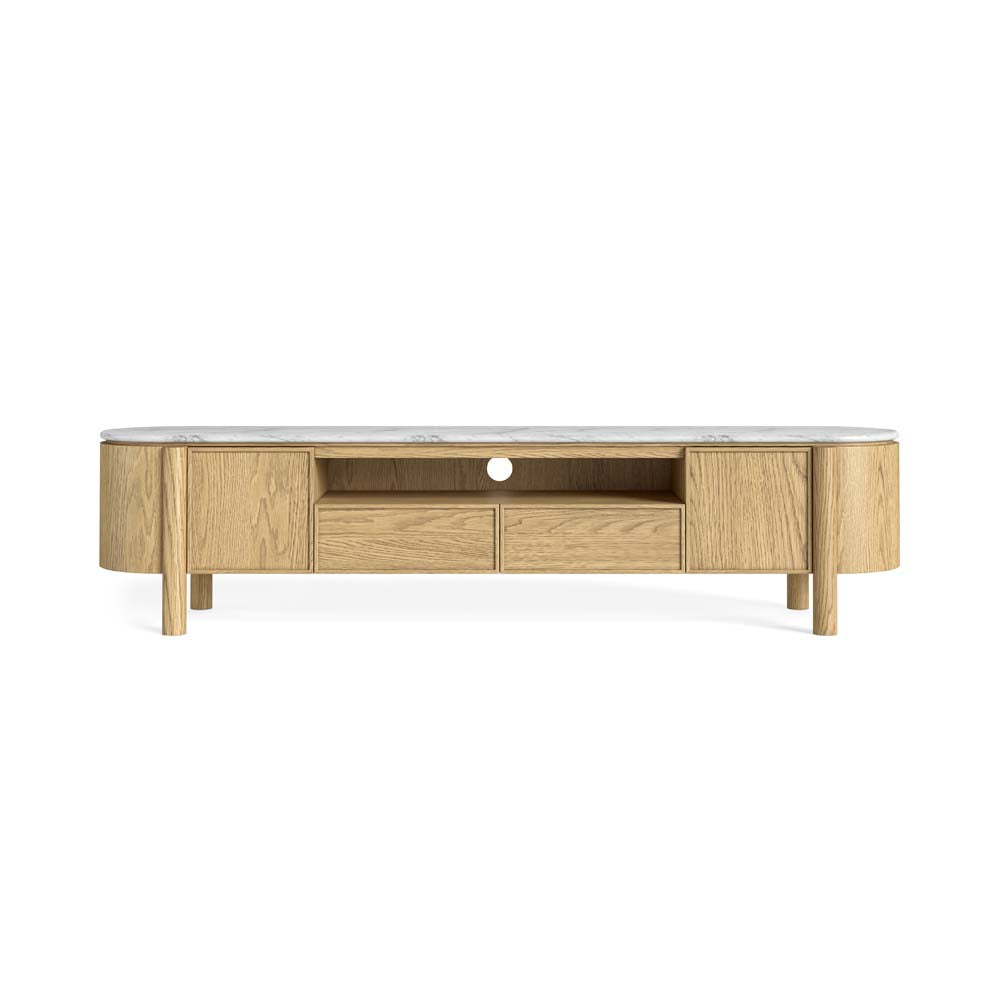 Wooden TV stand with a white marble top, handleless drawers, 2 enclosed cupboards and an open shelf with cable cut-out on a white background
