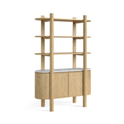 Wooden bookshelf with open shelves and a closed cabinet with marble top on a white background